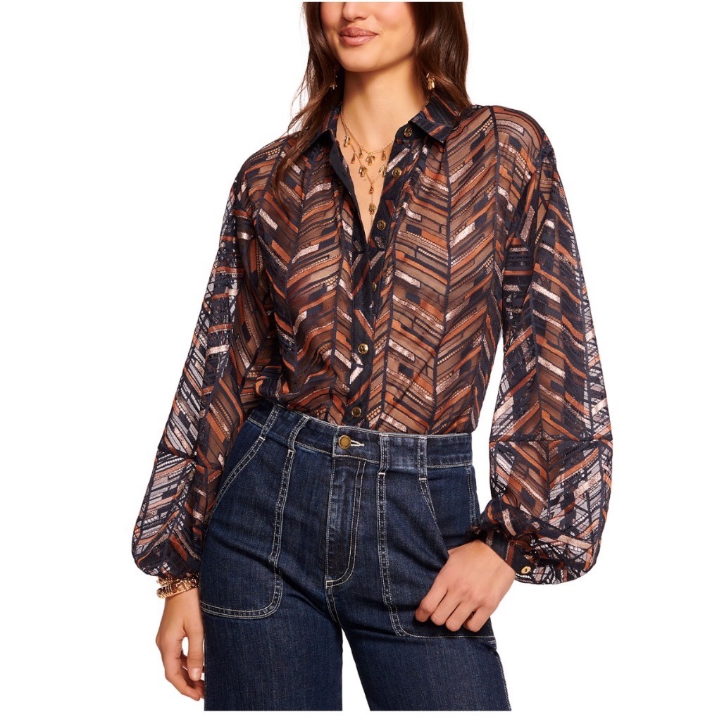 Ramy Brook Roberta Blouse Spring Navy Lurex Chevron Sheer Button Up Shirt Large